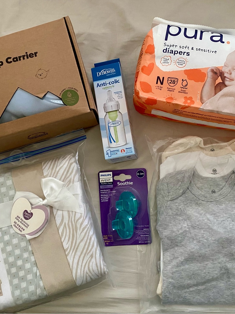NWT Newborn baby bundle carrier wrap cotton onesies blankets diapers